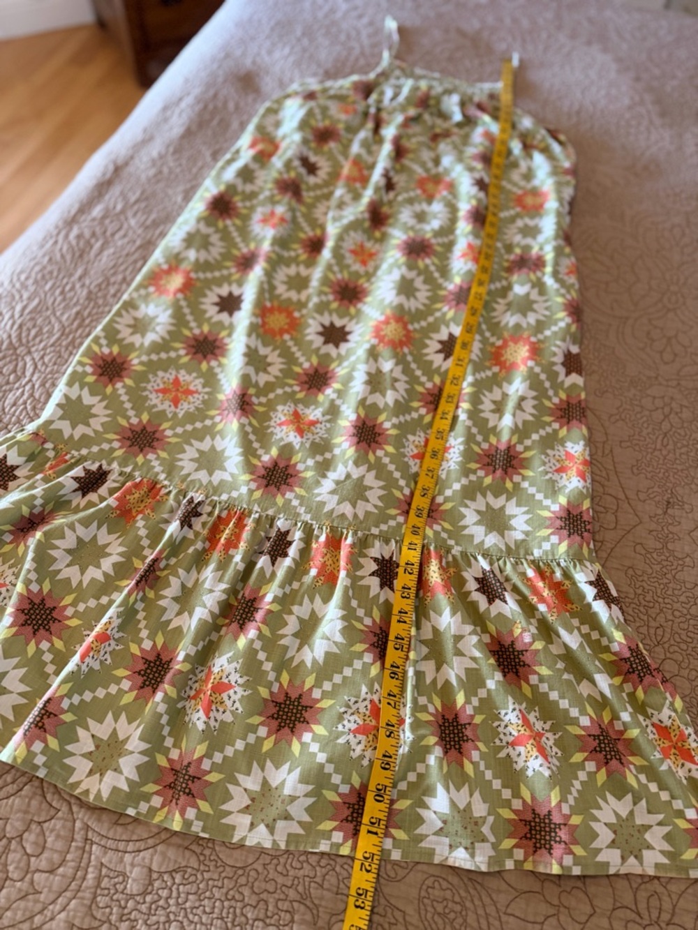 Prairie Farm Cottagecore Boho Country Star Quilt Print Sage Green Maxi Pinafore - Picture 9 of 11